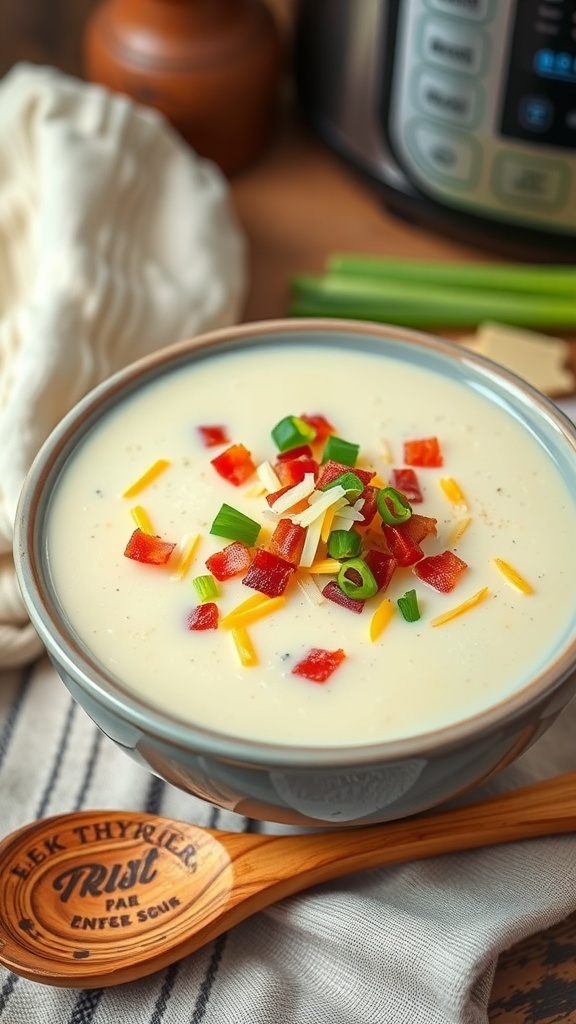 A bowl of loaded cauliflower soup with bacon and cheese, garnished with green onions, in a cozy kitchen.